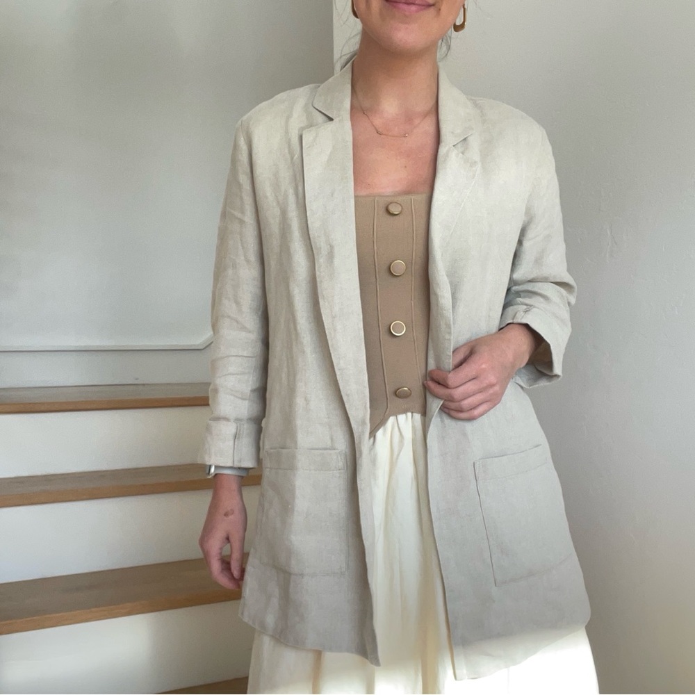 Eileen Fisher Organic 100% Linen Long Cream Beige Neutral Blazer Jacket Small